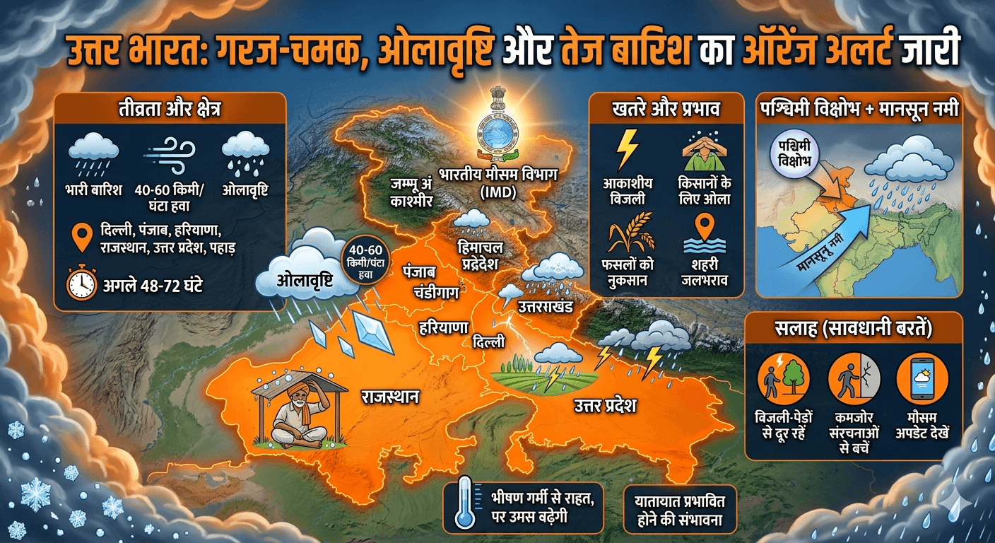 उत्तर भारत में गरज-चमक और ओलावृष्टि का खतरा, IMD ने ऑरेंज अलर्ट किया जारी