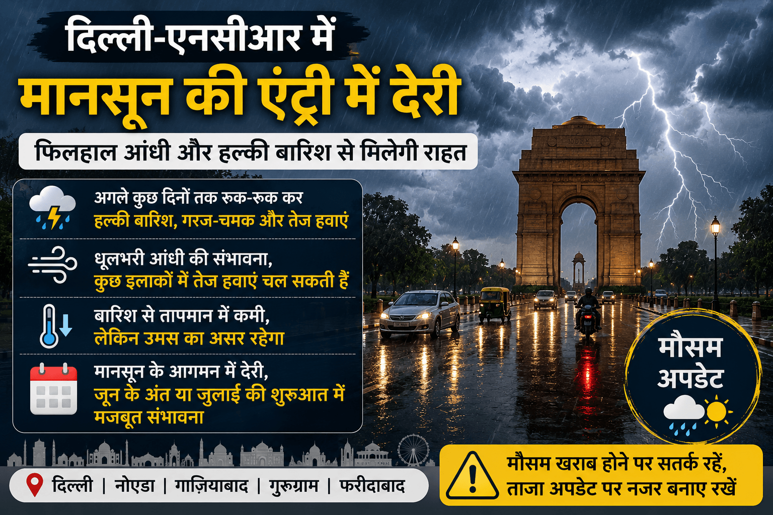 दिल्ली-एनसीआर में मानसून की एंट्री में देरी, फिलहाल आंधी और हल्की बारिश से ही मि...