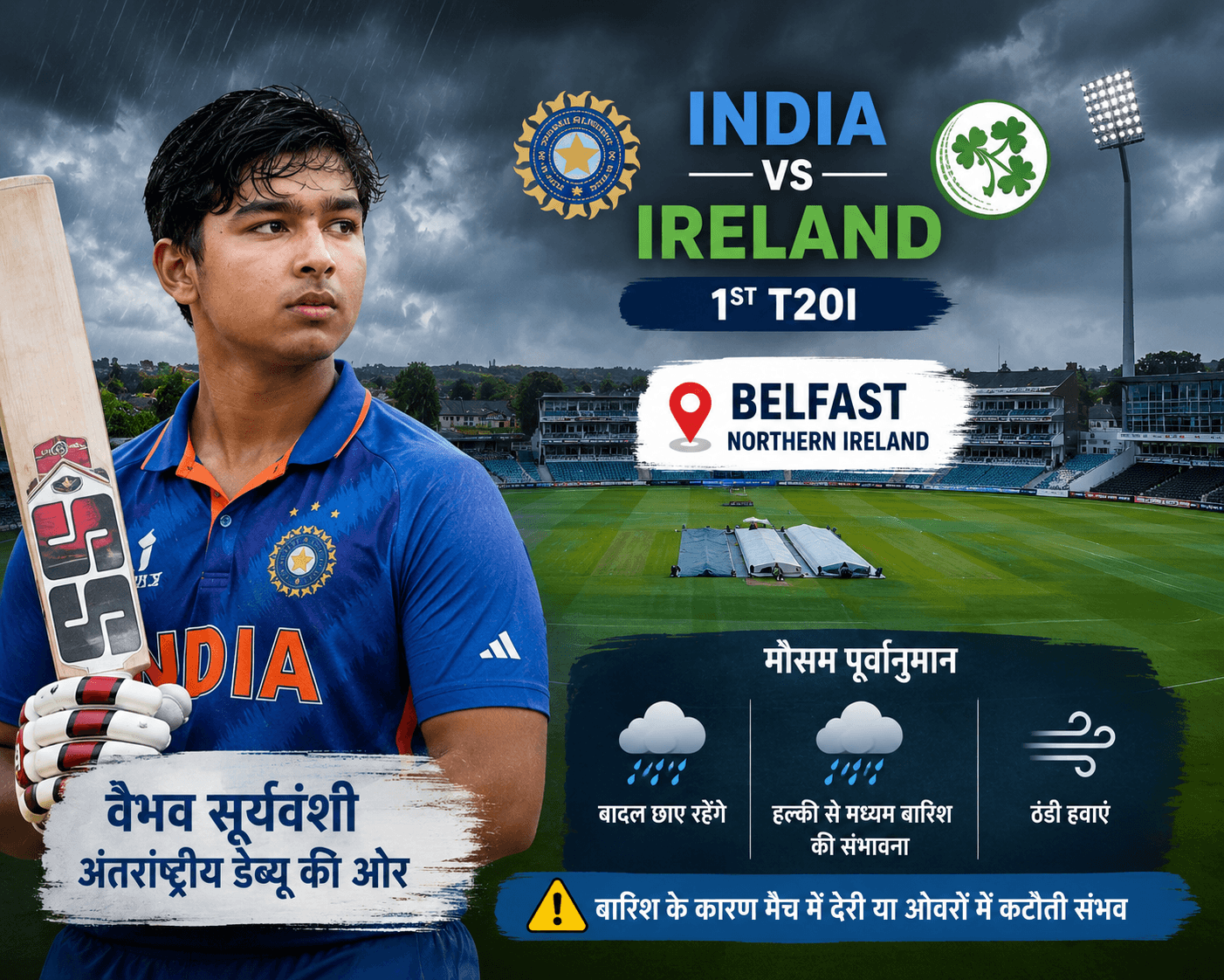 बेलफास्ट में बारिश डाल सकती है भारत-आयरलैंड पहले टी20 पर असर, वैभव सूर्यवंशी के डेब्यू पर मौसम की नज...