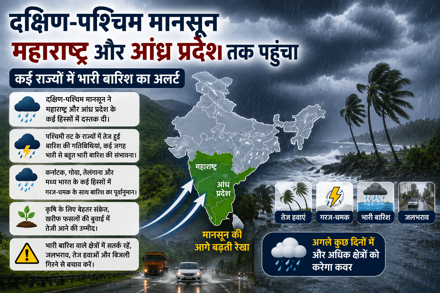 महाराष्ट्र और आंध्र प्रदेश तक पहुंचा दक्षिण-पश्चिम मानसून, कई राज्यों में भारी ब...