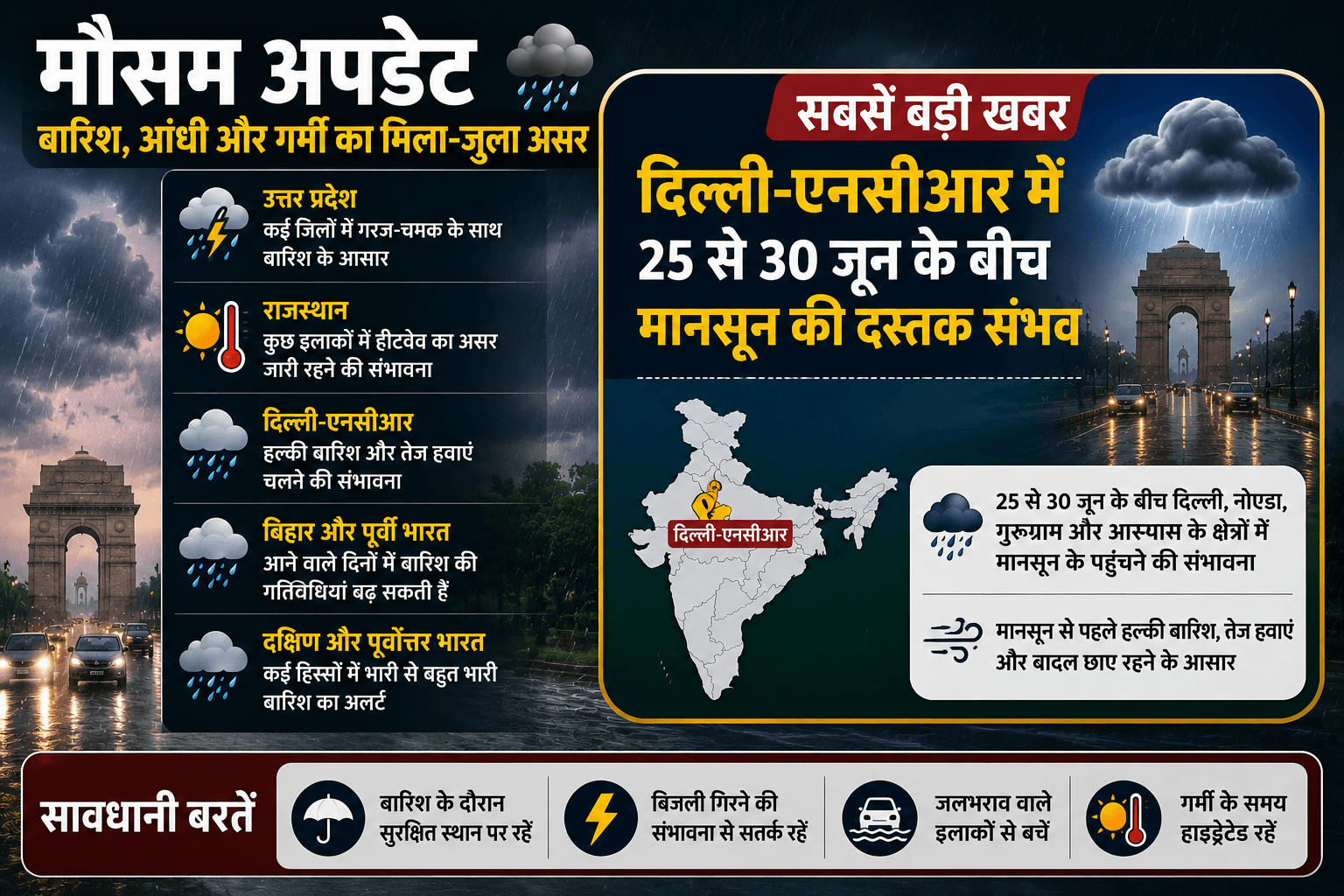 दिल्ली-एनसीआर में 25 से 30 जून के बीच मानसून की दस्तक संभव, कई राज्यों में बारिश और गर्मी दोनों का अ...